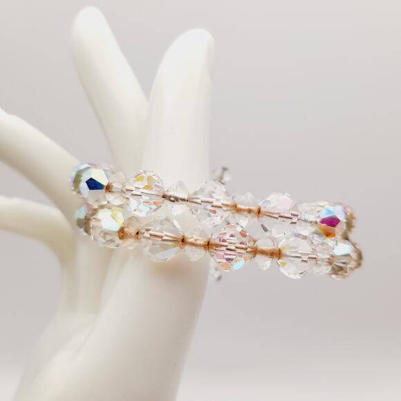 Vintage 1950s Clear Aurora Borealis Crystal Bracelet – Two Strand Memory Wire - Picture 7 of 9